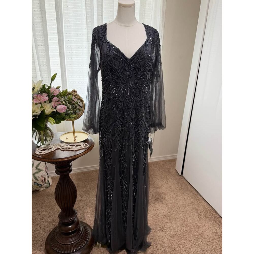 MGNY Beaded Formal Gown Charcoal Gray Sheer Sleeves NWT Size 12